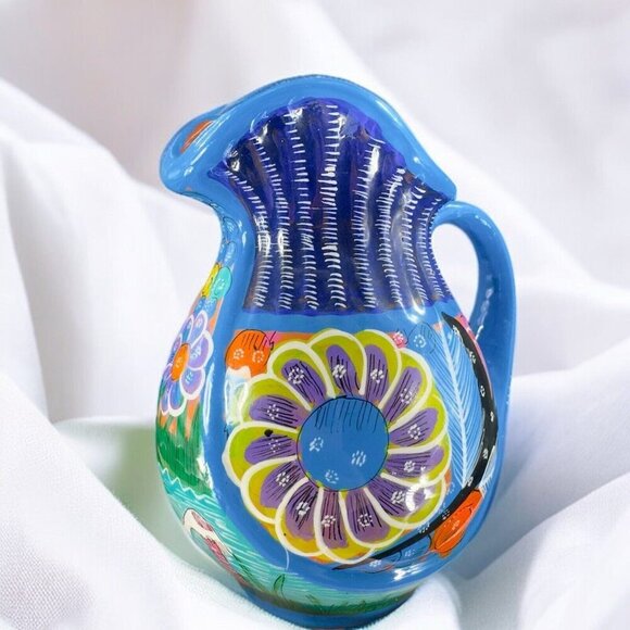 Hand Made Mexico Pottery Tonala Talavera Pitcher Hand Painted RedWare Decor - Picture 3 of 16